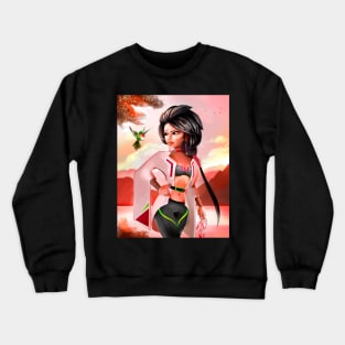 Woman in a sunset landscape with her bird pet Crewneck Sweatshirt